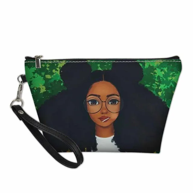 

Custom Foldable Small Pu Leather Black Art Afro Lady Girls Printed Travel Make Up Organizer Bag Pouch Cosmetic bags For Women, Customized