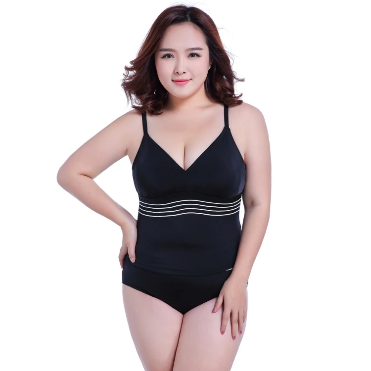 

Plus Size Bathing Suits Stripe V-neck 2 Piece Swimwear High Waist Swimsuits For Women