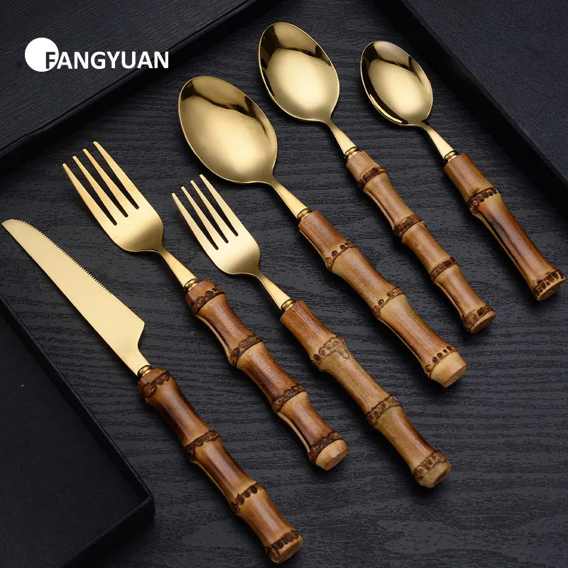 

FANGYUAN eco dark natural real bamboo handle gold cutlery set stainless steel 304 flatware