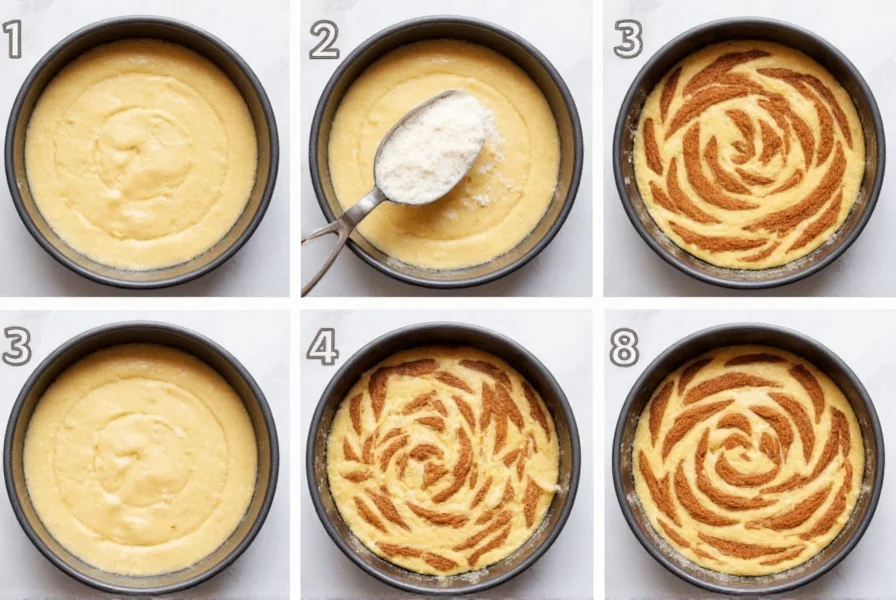 Step-by-step process of creating perfect cinnamon swirl pattern in quick bread batter with visible cinnamon sugar layers