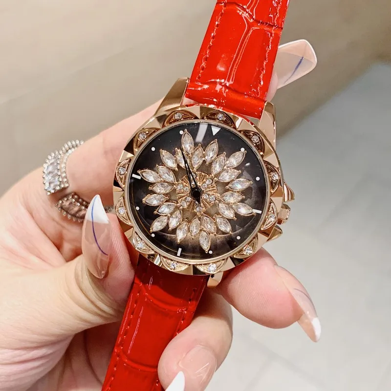 

Fashion Rotatable Flowers Watch For Girls Genuine Leather Wristbands Wristwatches Jewelry Iced Out Diamond Female Quartz Watches, 6-colors