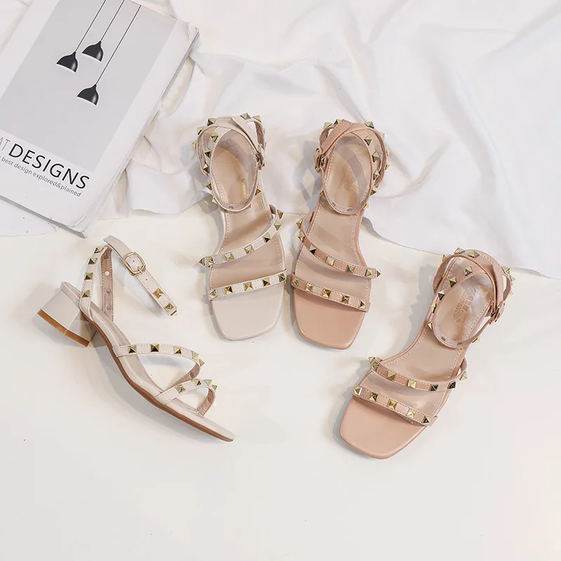 

women shoe square toe fashion sandal with studs ankle strap shoe