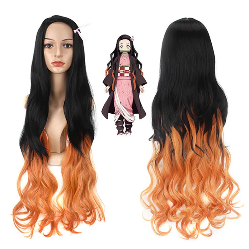 

Small Long Black Orange Level Demon Slayer Curly Kamado Nezuko Anime Cosplay Wigs, Picture color