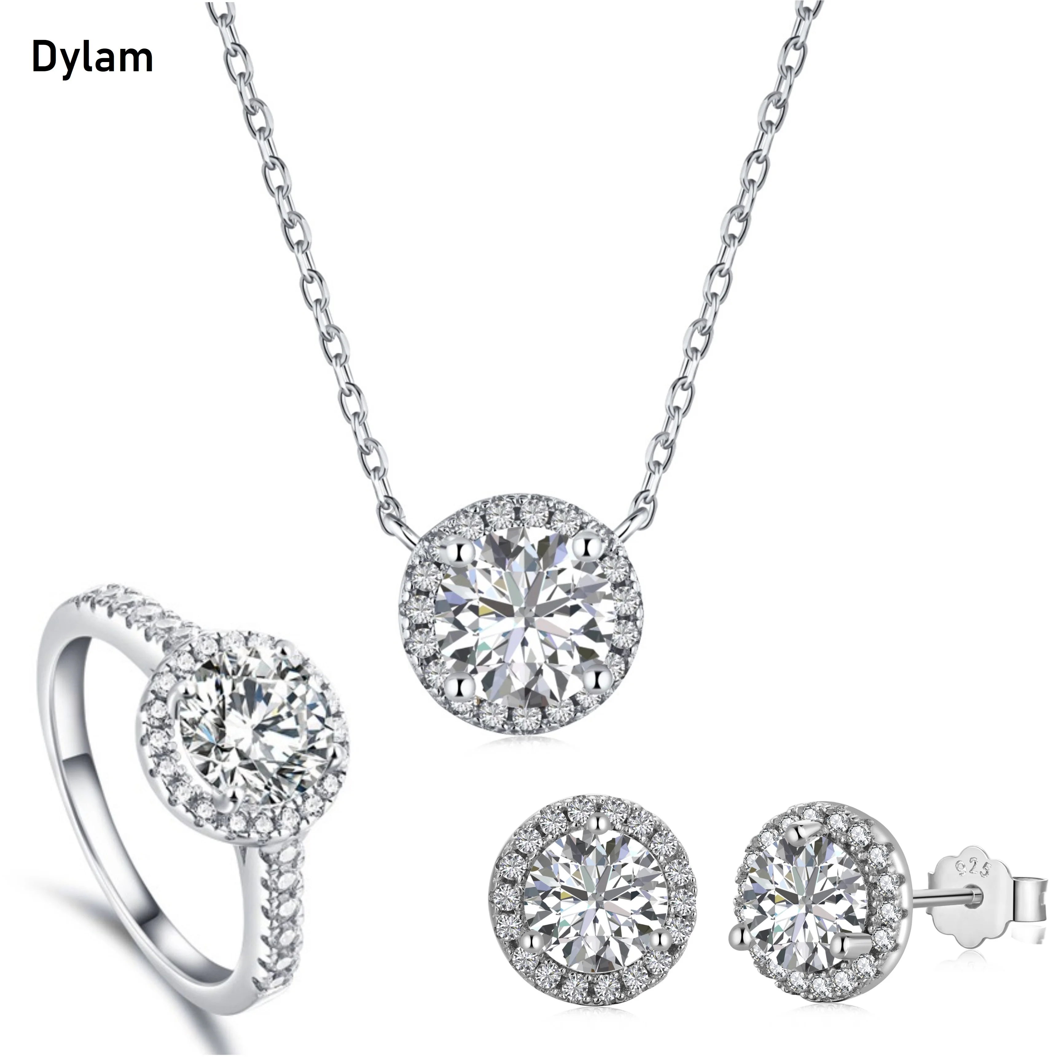 

Dylam New Luxury Women Wedding Engagement Sterling Silver Jewelry Set 5A Full Zircon Earring Big Iced CZ Ring 925S Halo Necklace