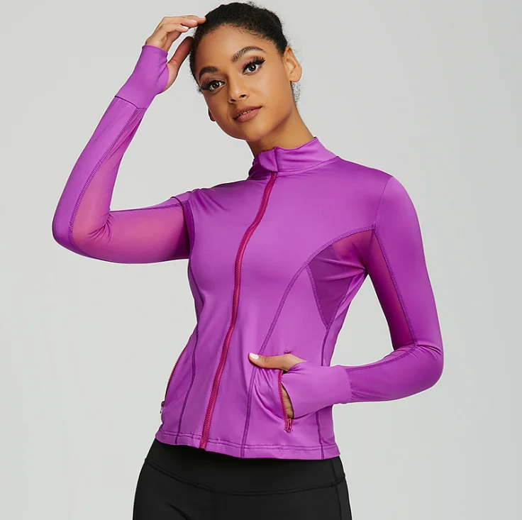 

Women Sportswear Long Sleeve Yoga Jacket Front Zipper Mesh Patchwork Workout Tops