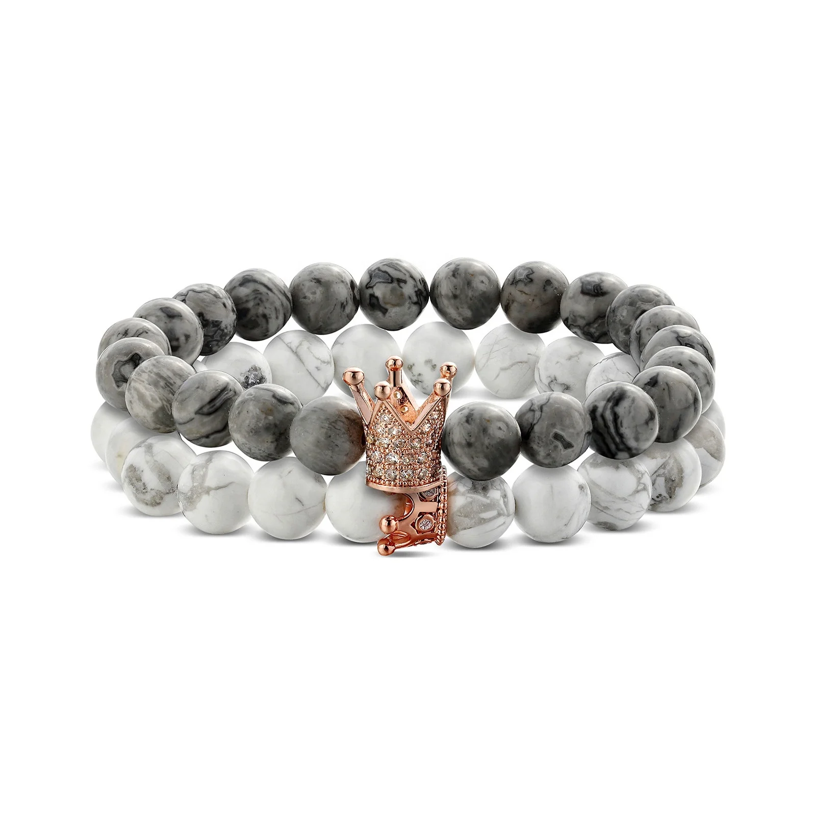 

Couples Beaded Bracelets Classic Natural Stone White and gray Beaded Elastic Bracelets for Men Women, White,gray