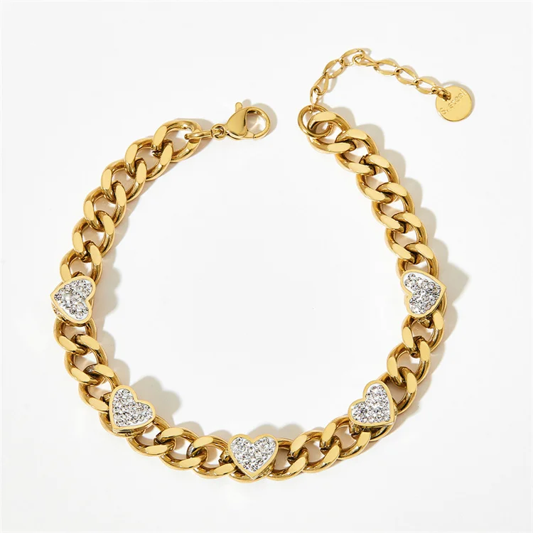 

Wholesale stainless steel Cuban chain gold plated chunky bracelet zircon heart charms bracelet for women