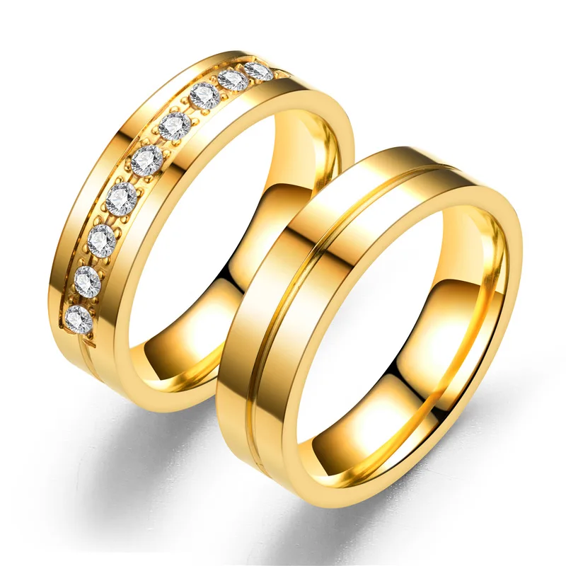 

Fashion Stainless Steel Couple Ring 6mm Gold Plated Inlaid Diamond Couple Wedding Ring