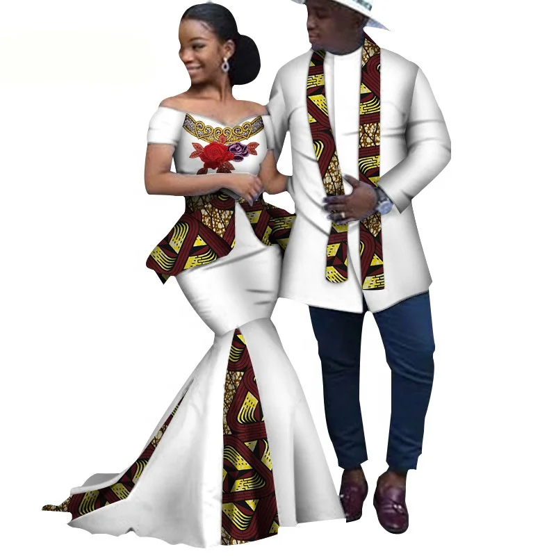

African Ethnic Couple Wear Women's Long dress + Men's Top Couple Wear cotton wax Bazin Riche Wedding Dresses