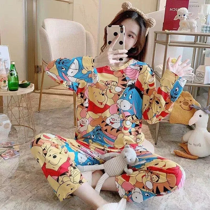 

Summer Milk Silk Sleepwear Skirt Round Neck Cartoon Cute Printing Women Long Sleeve Pajamas
