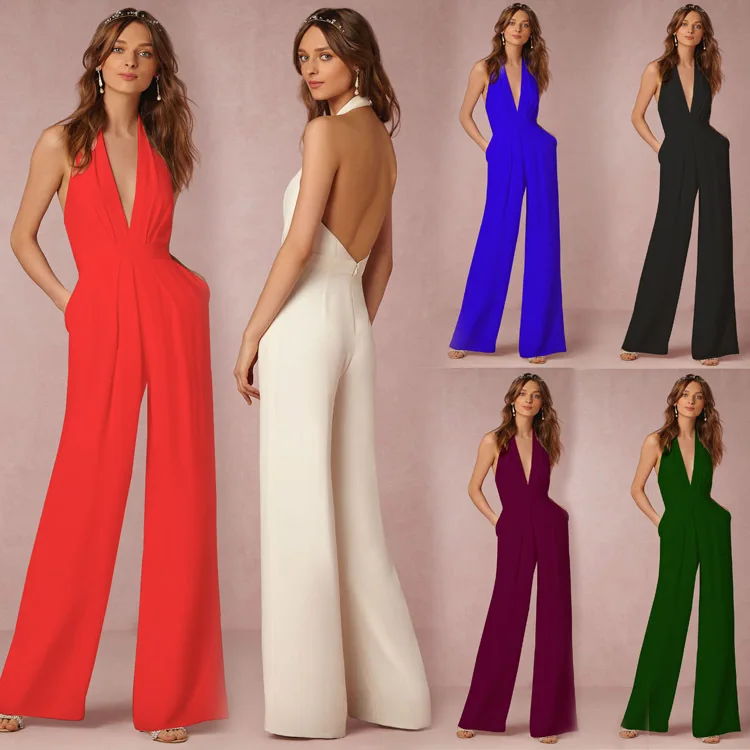 

ZN New style ladies wide legs halter summer jumpsuit casual solid women's clothing sleeveless v-neck jumpsuits