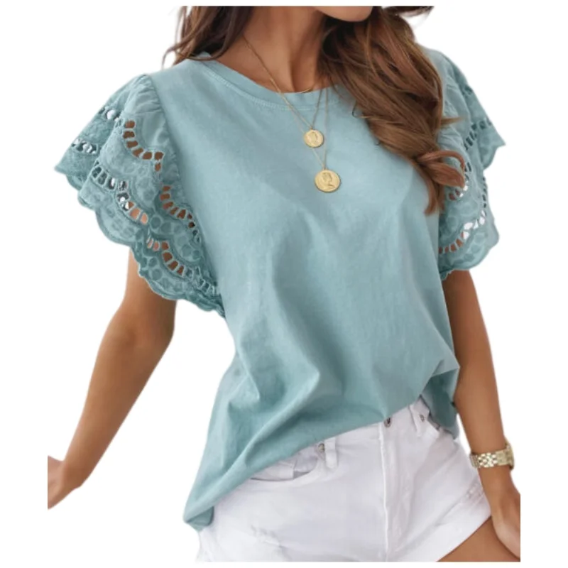 

Women's stitching short-sleeved round neck pullover new spring and summer shirt