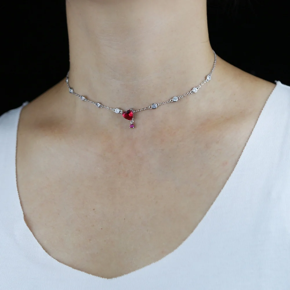 

minimal delicate Red heart pendant necklace bling cz station heart charm link chain choker necklace, Black