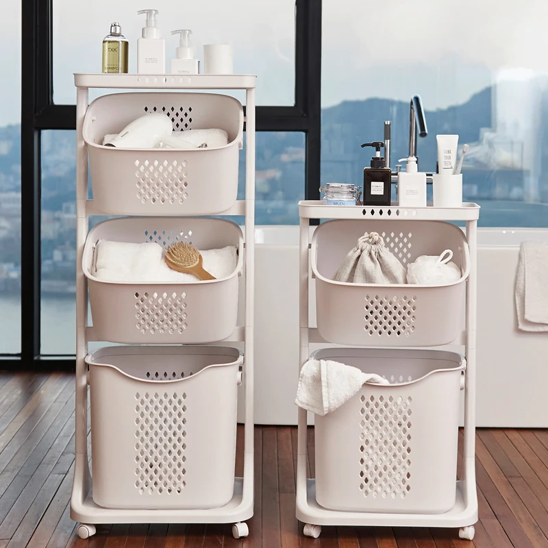 
3-layer plastic bathroom decor storage laundry basket with wheels plastic dirty clothes basket 