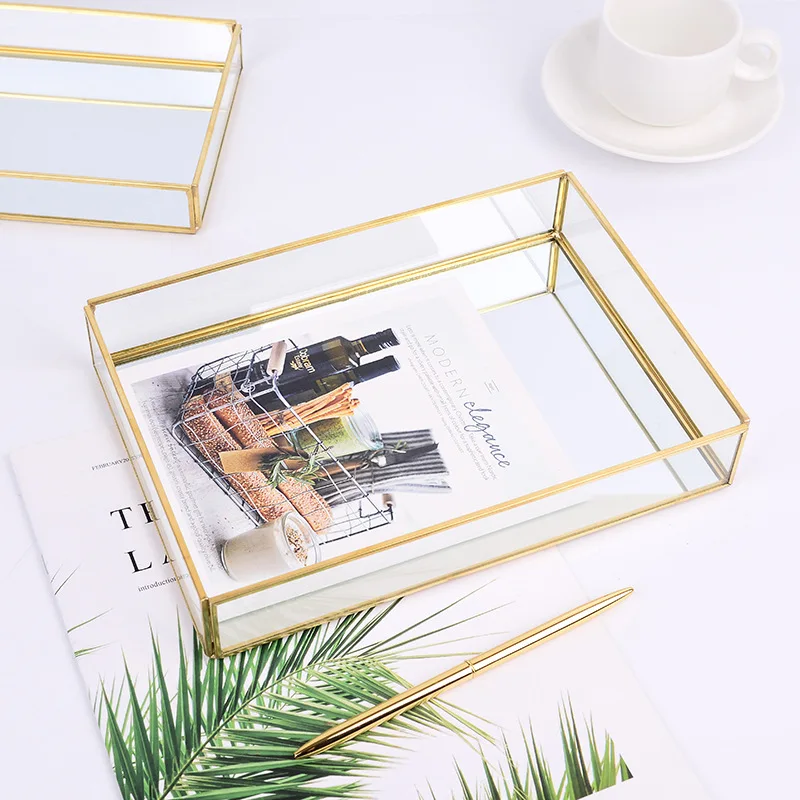 

wholesale Home Decor Gold Mirror Tray Decorative Glass Table Top Perfume Vanity Metal Jewelry Makeup Mirror Tray Organizer