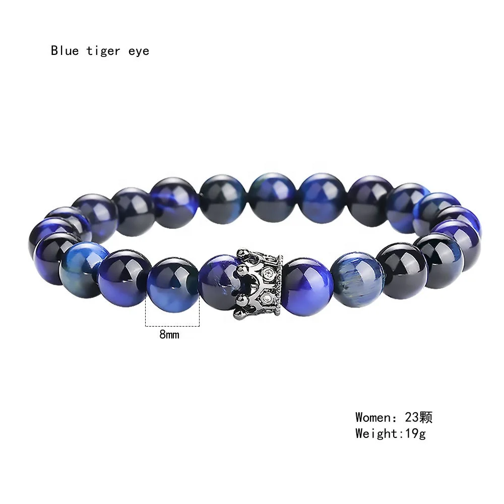 

Hot Selling Women 8MM 23 Beads/Men 26 Beads Blue Tiger's Eye Agate Bracelet Micro-Inlaid Zircon Crown Natural Stone Bracelet, As pictures