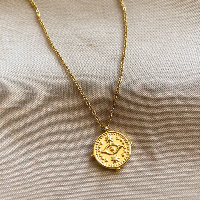 

18K Gold Plated Cameo Eye Necklaces Star Coin Medallion Necklaces for Women Round Vintage Stainless Steel Jewelry 2020, Gold/silver