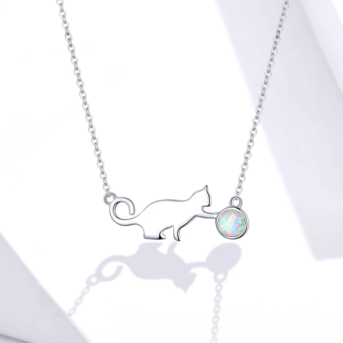 

SCN395 lovely cat 925 silver chain necklace with opal