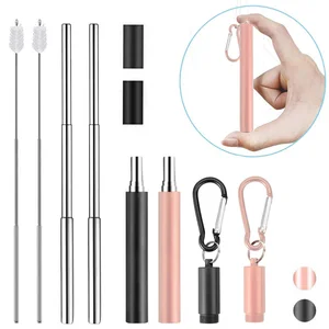Image of Stainless steel retractable metal drinking straw carrying case kit