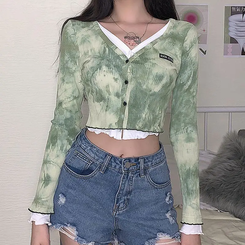 

2020 New arrivals Autumn winter Women Tie dyeing button long sleeve T-shirt Long Sleeve Tops stitch tops