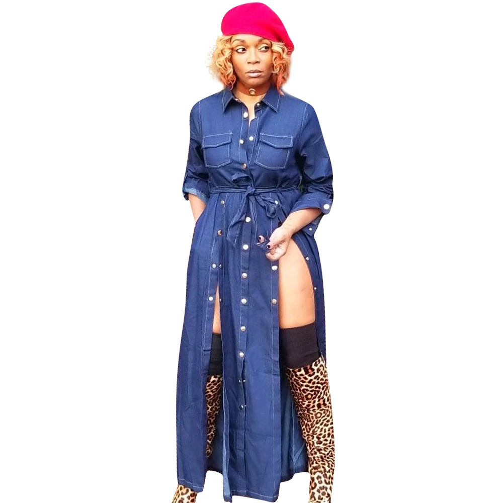 MVL9046 women fashion solid high slit maxi denim dress MVL9046