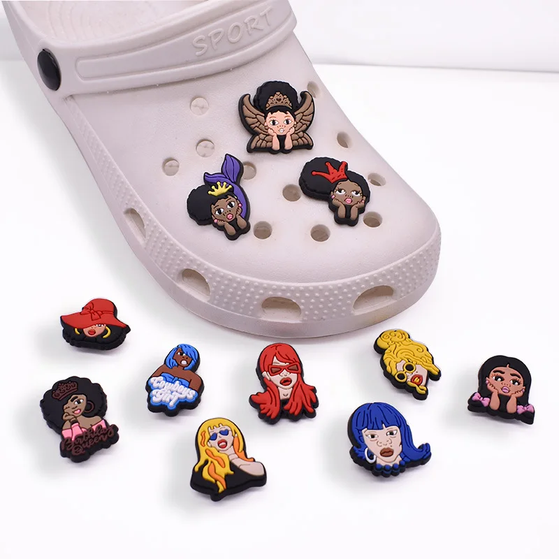 

Customized hot sale cartoon pvc detachable rubber black beauty girl queen shoes flower shoes charm, As picture/custom