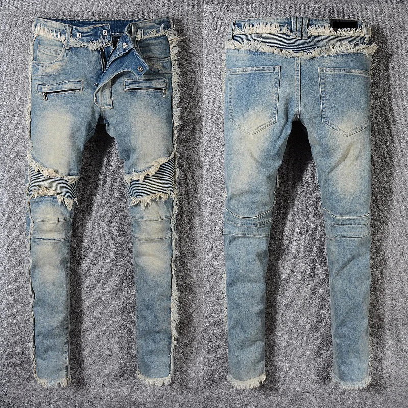 

Fashion New Design amirys balmainy Hot-sell ripped vintage Elastic Breathable Long Pants Men's Denim jeans, Light blue