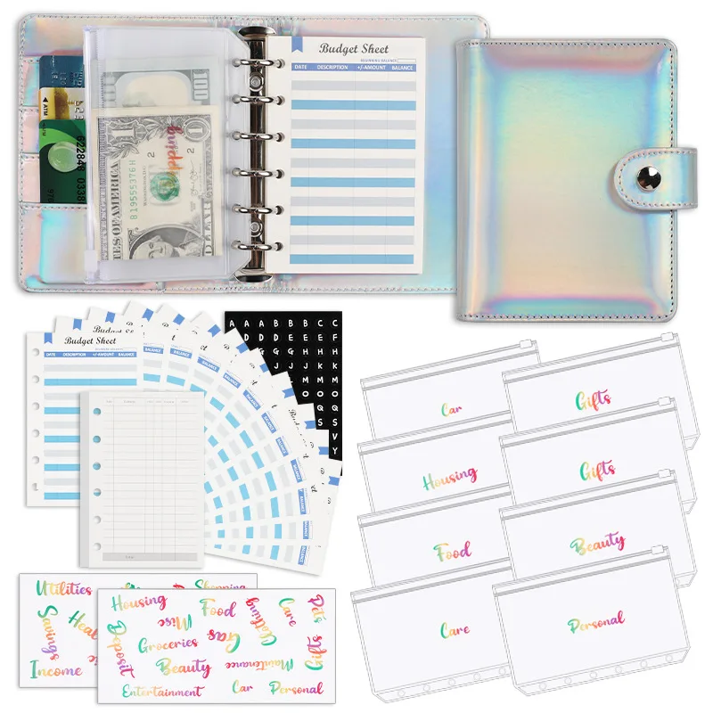 Wholesale Custom A7 Holographic Budget Binder Planner Cash Stuffing Binder with Envelopes Day Planner Cover Binder Notebook
