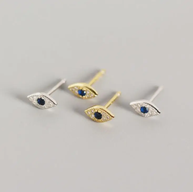 

Minimal and Delicate Jewelry Sterling Silver 18k Gold Tiny Charm Blue Stone CZ Pave Evil Eye Stud 925 Silver Earrings