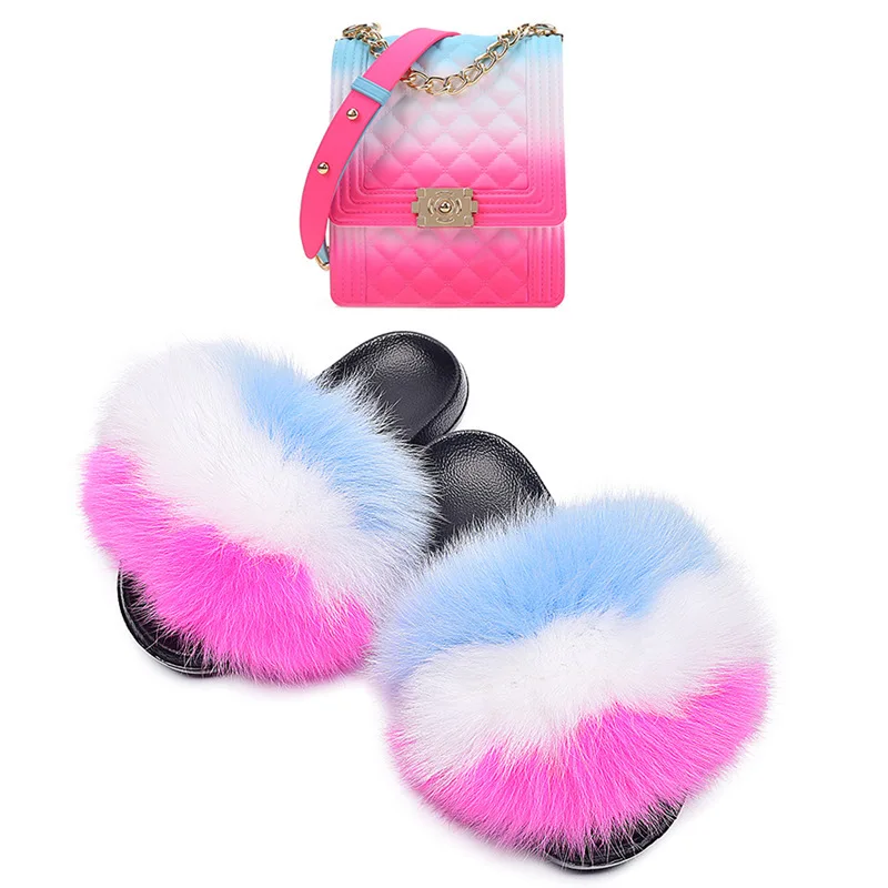 

Wholesale Drop Shipping Flip Flop Furry Comfort Flat Women's Slides Fox Fur Cute Fuzzy Slippers, Picture