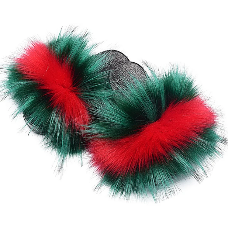 

New Design Soft Premium quality Faux Raccoon Fur Shipper Plush Slippers, Customized color