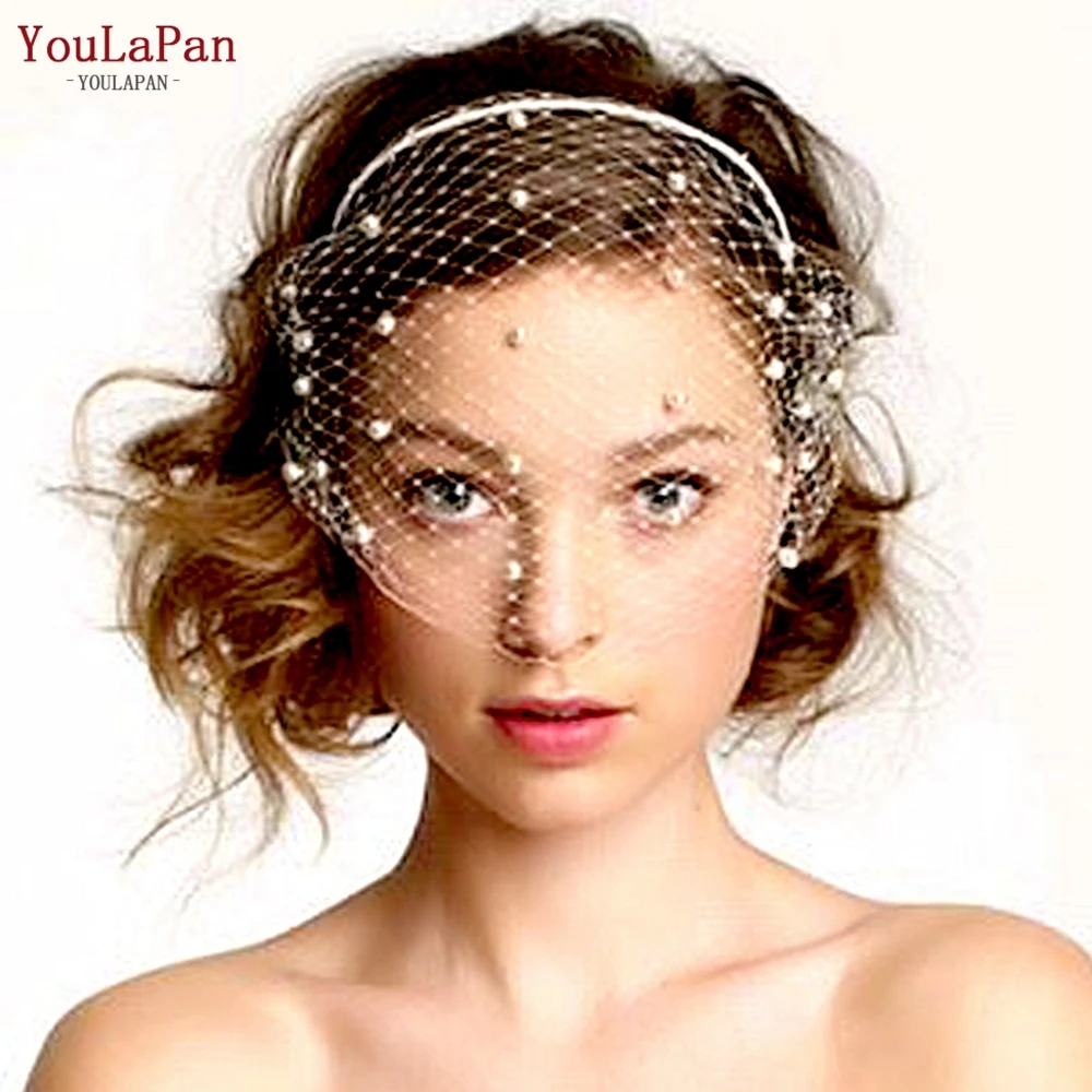 

YouLaPan VA08 Personalized Black And White Lace Mesh Eye Bead Decoration Retro Bird Cage Ladies Party Bridal Wedding Face veil, White/black