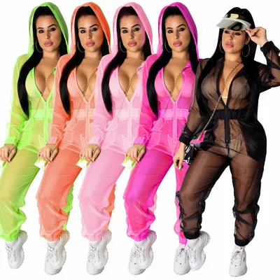 

S-XXL 2021 Summer hot selling neon color mesh see through zipper hoodie bodycon one piece jumpsuit and rompers