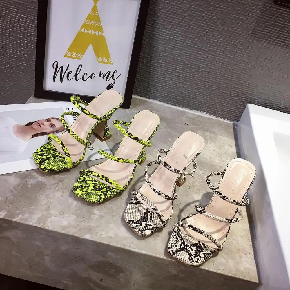 

Fashion Women's Sandals Square Toe Serpentine Women High Heel Shoes Summer Slippers Female Shoes Green Apricot Heels 2020