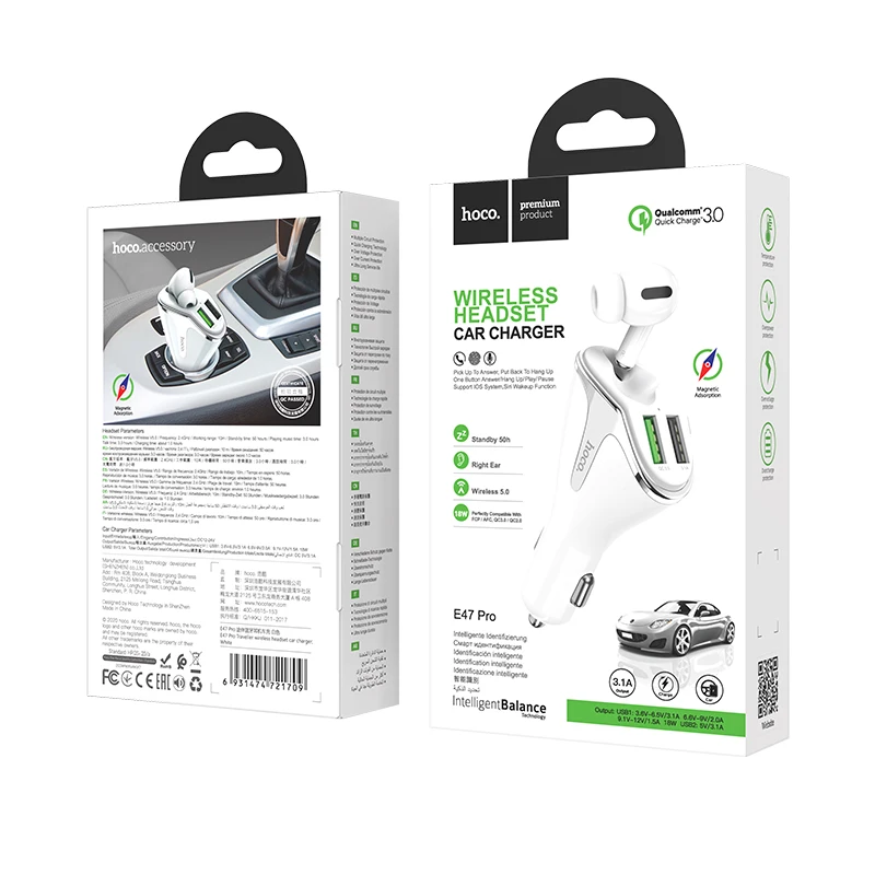 

HOCO E47 Pro Traveller Wireless Headset QC3.0 Car Charger, White