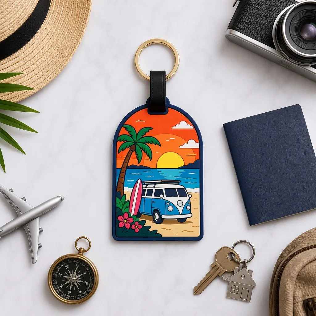 Tropical beach scene PVC rubber luggage tag with vintage van on marble