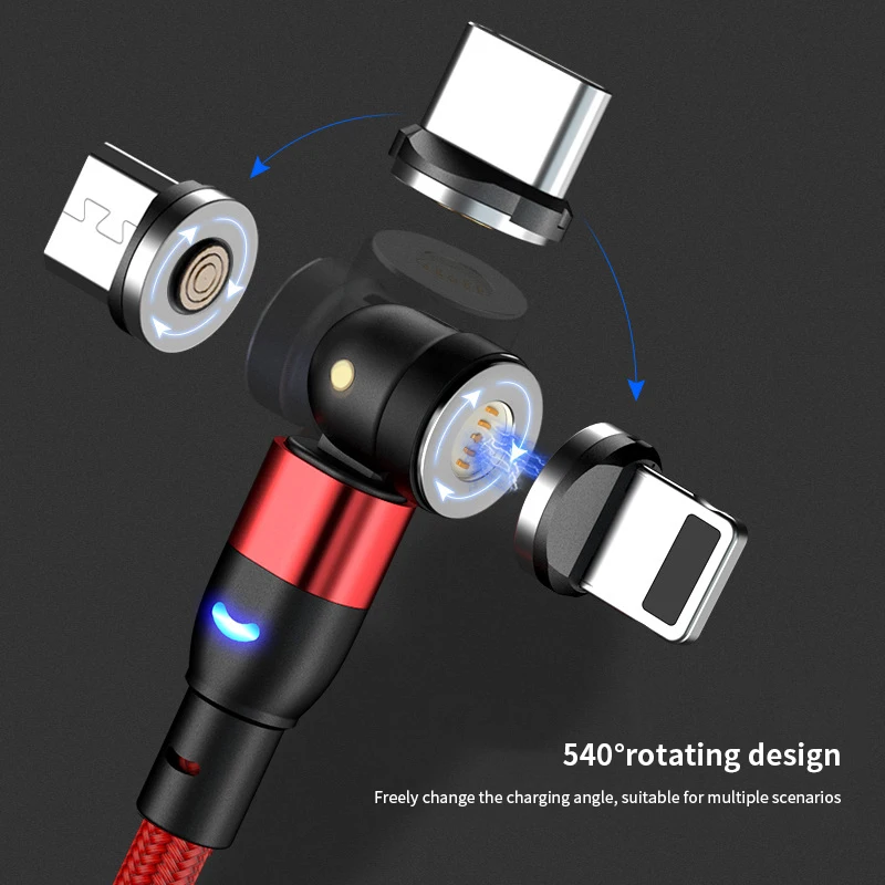 

540 degree rotating magnetic charger 3 in 1 3A fast magnetic charging 8PIN micro usb data cable, Black, red, purple