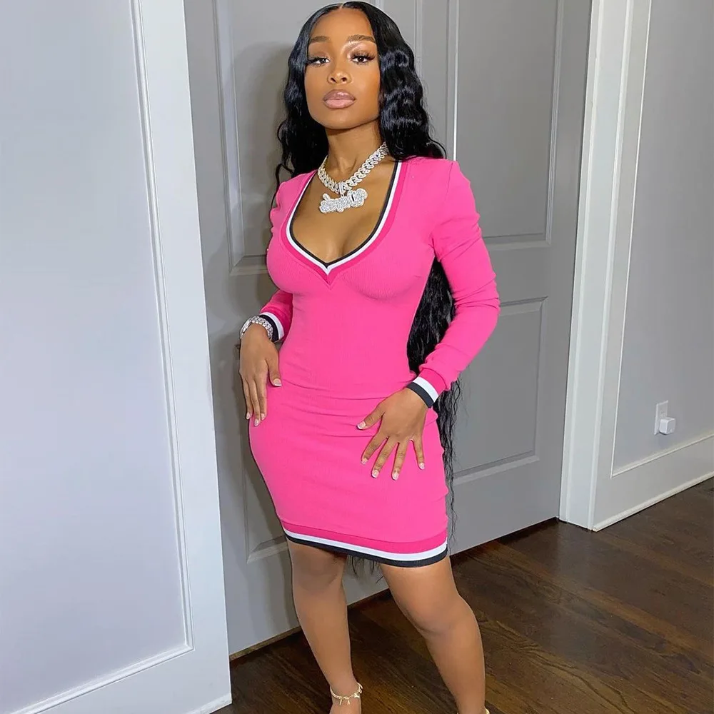 

Autumn Winter African Women V-Neck Dresses Striped Long Sleeve Wrap Midi Dress