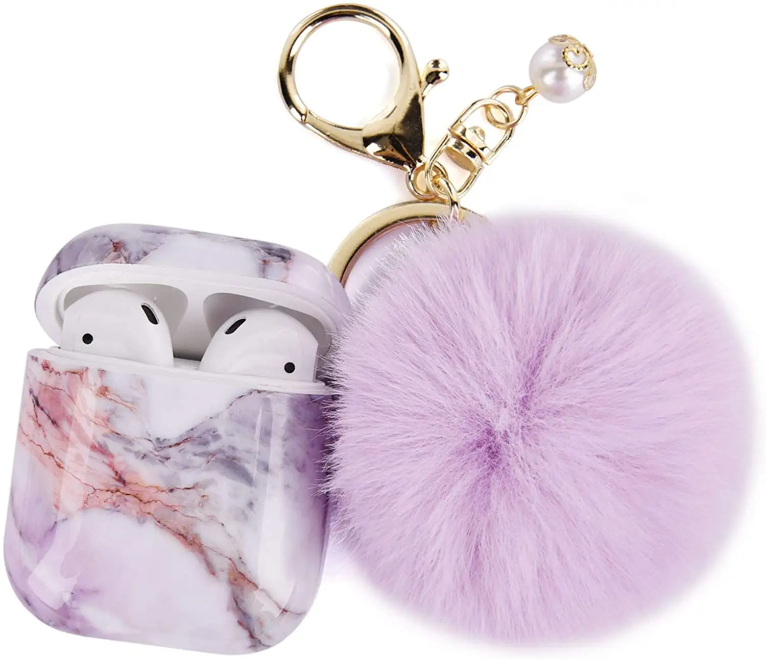 

Cute Air Pod Case Skins Protective TPU Case Cover with Fur Ball Keychain for Airpod 2/1 Earphones Charging Case Accessories