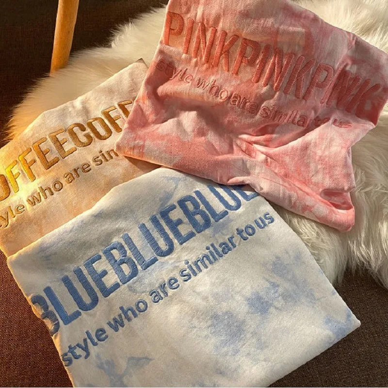 

Wholesale Tie-dye embroidered letters women's clothing couple girlfriend suit T-shirt women's summer loose top, Picture showed