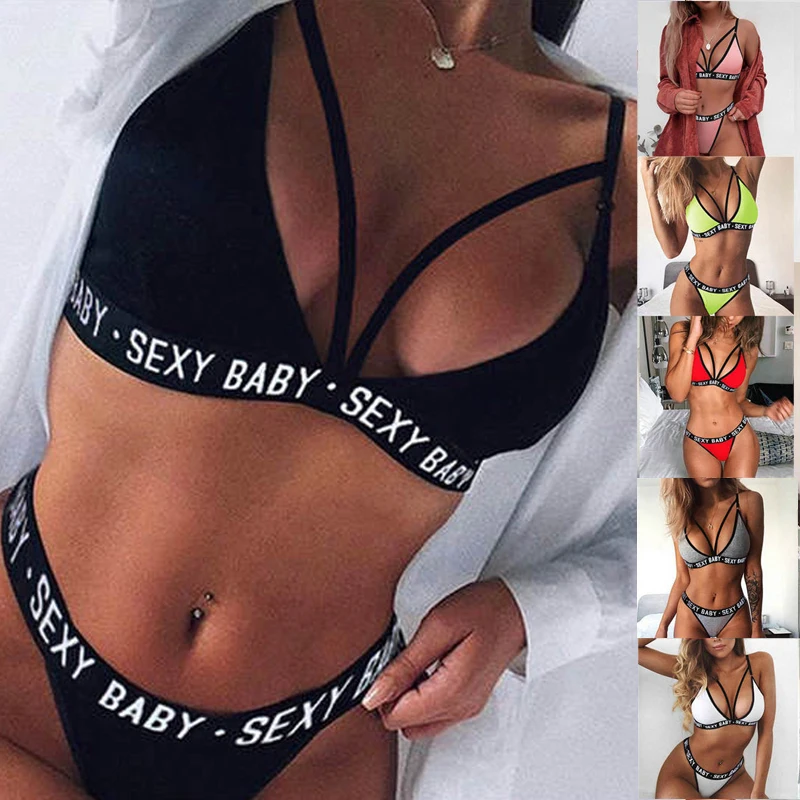 

2021 New Custom Letter Logo Women's Sports Underwear Set Girl Sexy Push Up Bra Thongs Panties Set