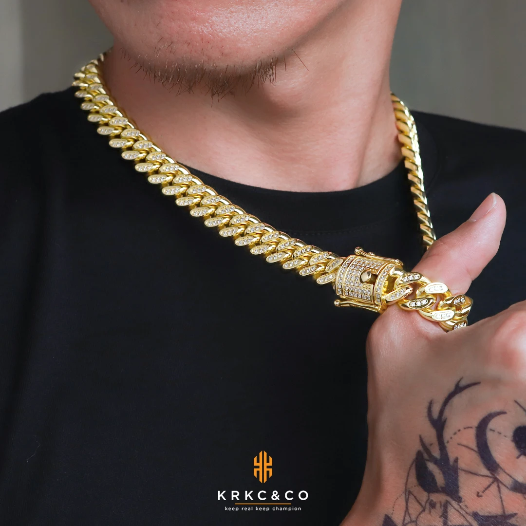 

KRKC High Polished Jewelry 14mm 18-26inch Sliver 18K Gold Plated Choker Stainless Steel Iced Out Cuban Link Chain Necklace Men