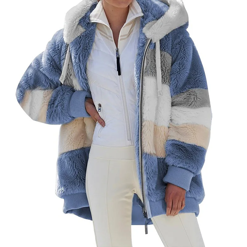 

2021 Dropshipping Casual Loose Plush Fleece Faux Fur Puff Jacket Hood Winter Fashion Coat Plus Size Women's Coats