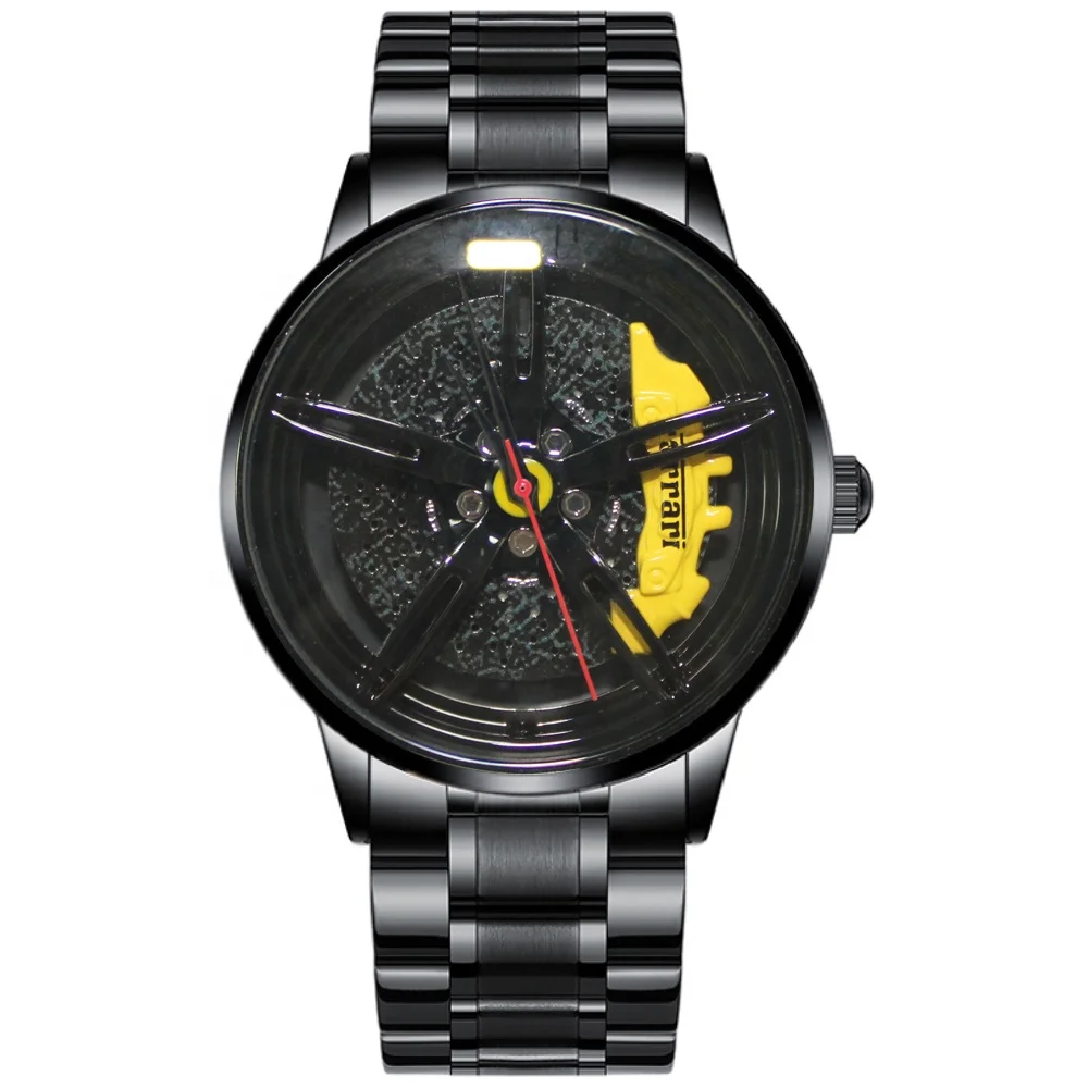 

3D Car Rim Dial Low MOQ Men Quality Wrist Watch Stainless Steel Hand Watch Racing Car, Black