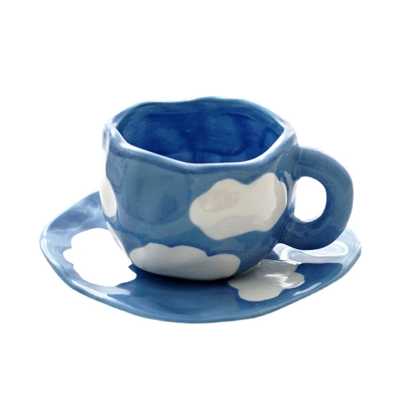 

Lelyi Irregular Hand Pinch Blue Sky White Cloud Mug Hand Colored Coffee Cup and Saucer