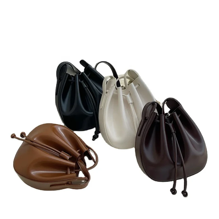 

New Luxury Design Drawstring Ladies Shoulder Crossbody Pleated Leather Women Bucket Bag