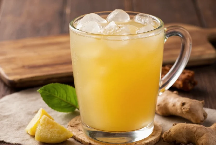Variety of ginger beverage preparations including fresh ginger shots, brewed tea, and fermented ginger beer