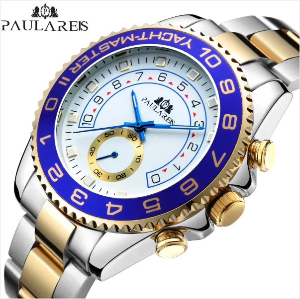 

paulareis Branded Original Men Automatic Mechanical Stainless Steel Strap Casual Yellow Gold Bezel Master Business Hand Watch