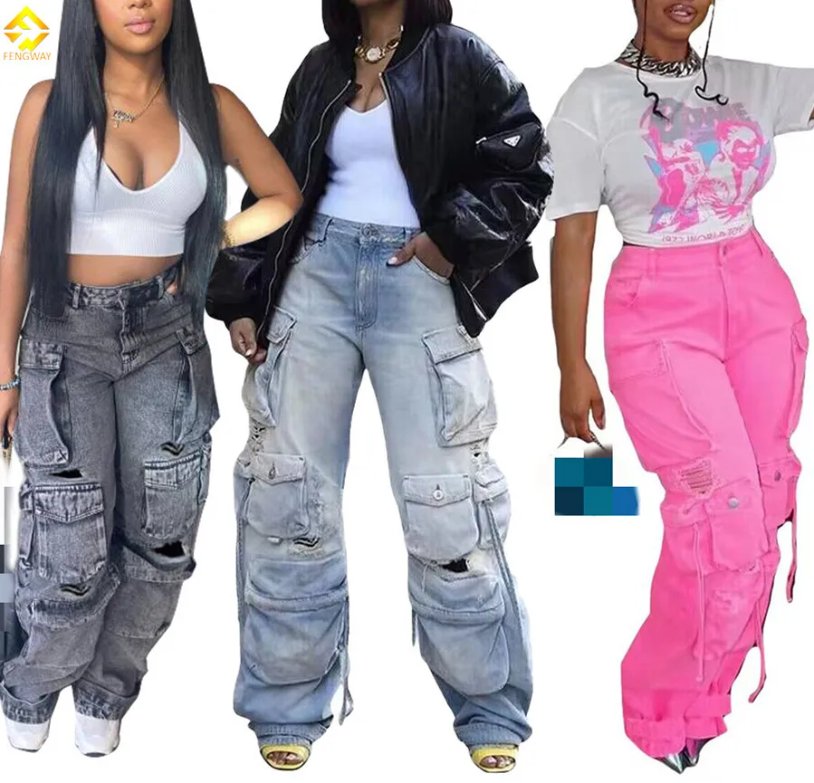 2024 Autumn Winter Multi-pocket Women Jeans Old Wide Leg Ladies Pants High Waist Casual Cargo Pants for Women