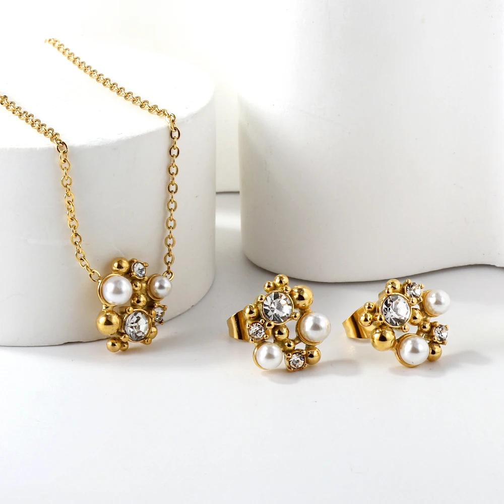 

Europe ins fashion special-shaped rhinestone pearl flower earrings necklace set stainless steel 18k for women